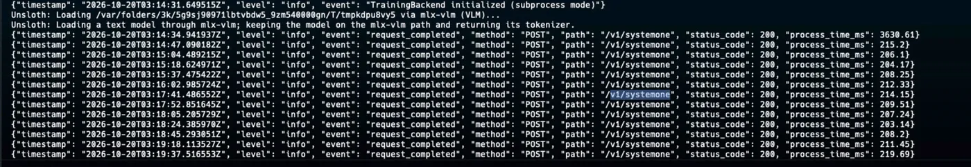 The reflex server's log: the first request loads the model and takes 3.6 s; every one after takes 203 to 220 ms
